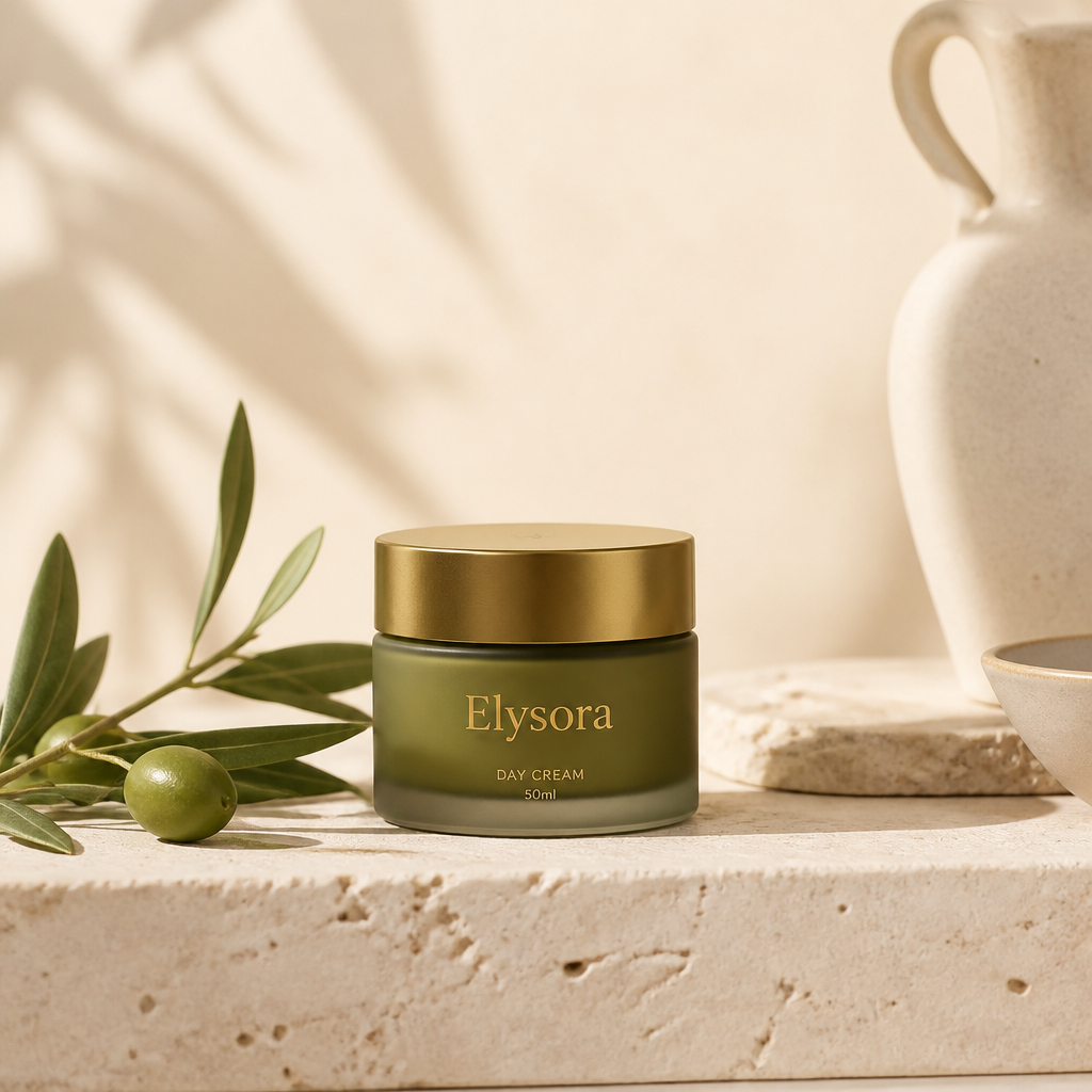 Βάζο Elysora Ενυδατικής Κρέμας Ημέρας 50 ml σε φωτεινό τραβερτίνη με κλαδί ελιάς και μαλακό πρωινό φως